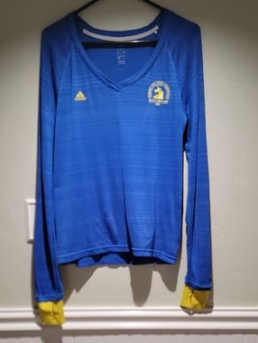 adidas Blue Long-Sleeve V-Neck Top with Yellow Cuffs - Boston Marathon Logo